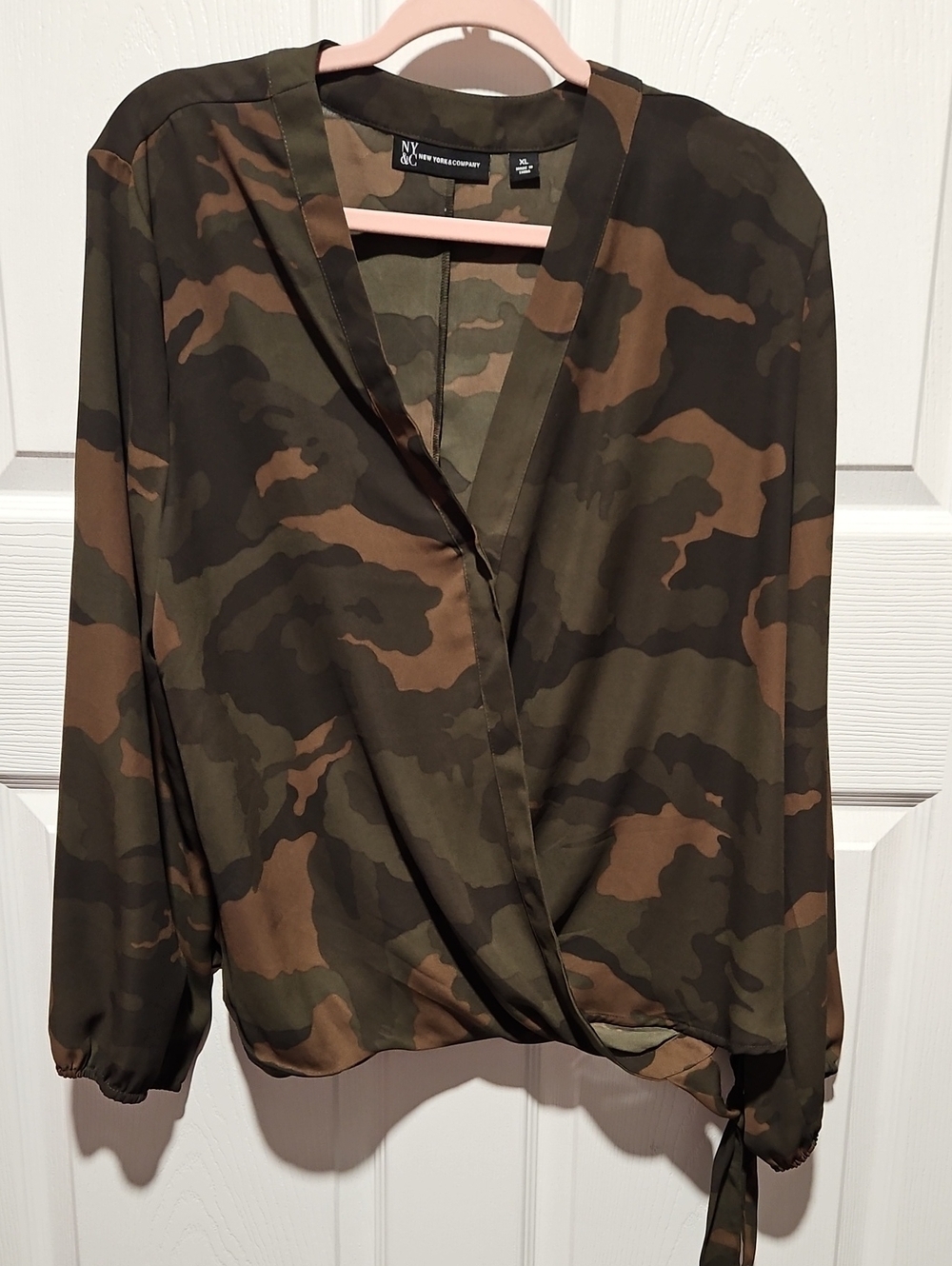 New York & Company Camouflage Wrap Top - Olive & Brown